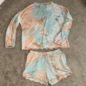 Tie-Dye Long Sleeve Top & Shorts Lounge Set - Blue & Peach